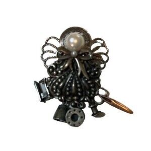 Vintage Retro Grandmacore Silver Seamstress Pearl Angel Pin w/5 Sewing Charms